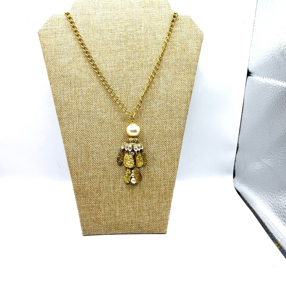 Tassel Vintage Gold Necklace with Pearl Dangle Filigree Necklace